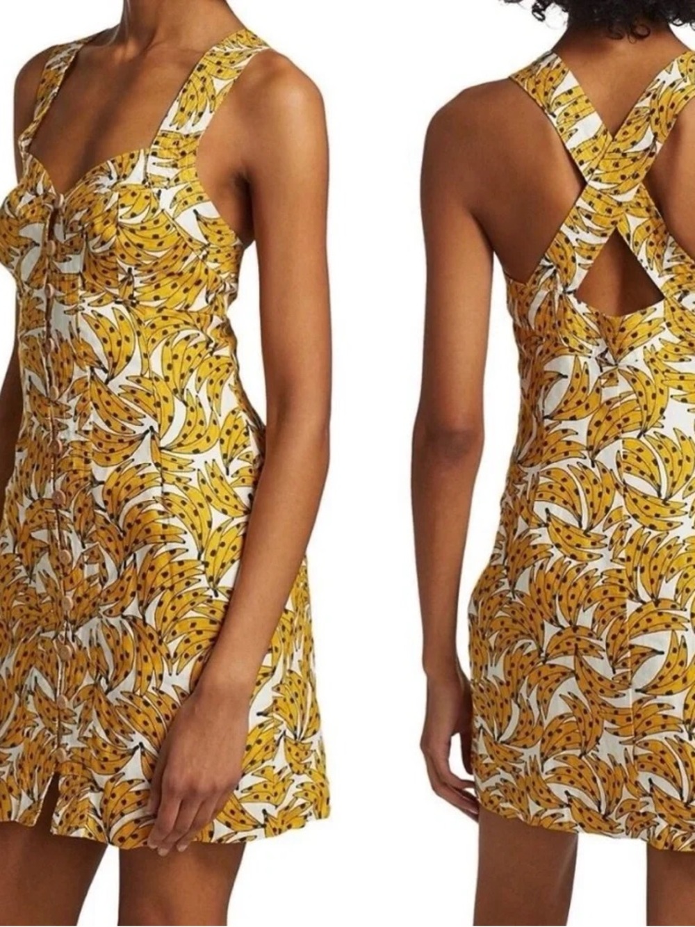 FARM Rio White Spotted Bananas Mini Dress Linen Button Front Cross Strap M